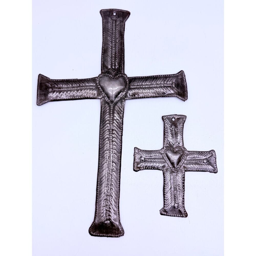 Metal Art Crosses with Heart - Handcrafted in Haiti, Lot of 2